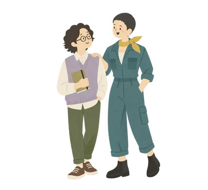 本を持って話す学生たち